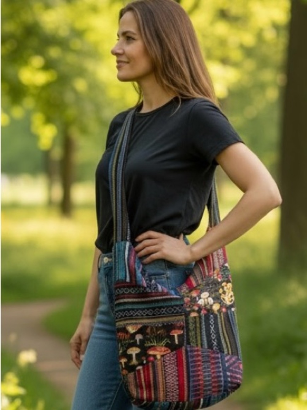 Kathmandu Imports Boho Multicolor Mushroom-Print Crossbody Sling Bag